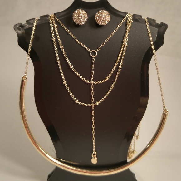 Necklace earring set gold multistrand rhinestone - Picture 1 of 2